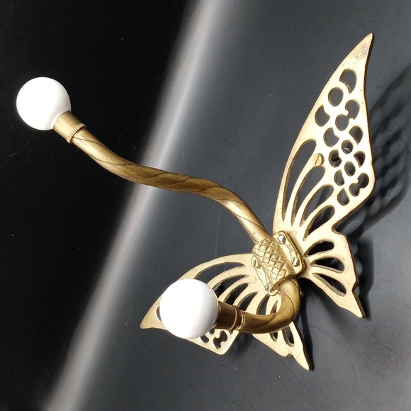 Vintage Brass Butterfly Wall Hook with White Ceramic Knobs - Picture 2 of 5